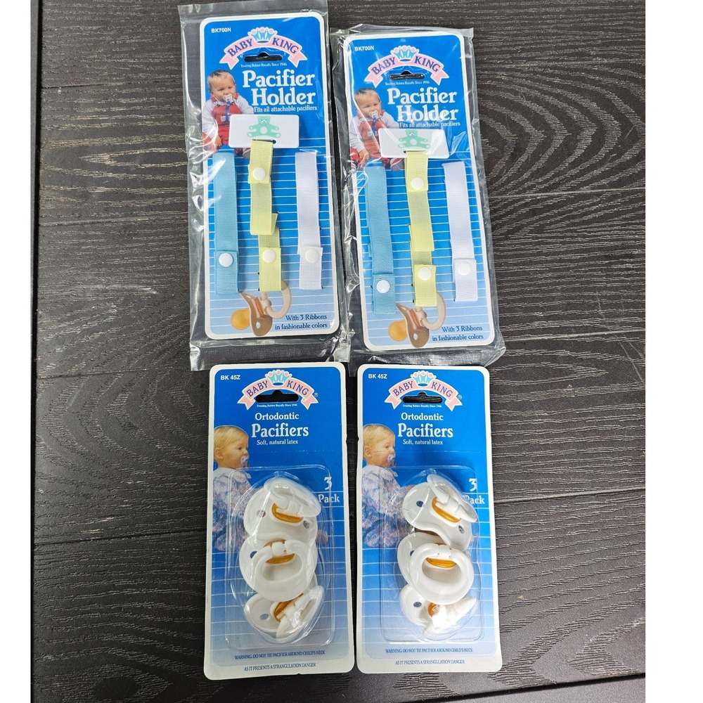 Vintage Baby King 6 Pacifiers and 6 Pacifier Holder Clips Set BK 45Z BK 700N NEW